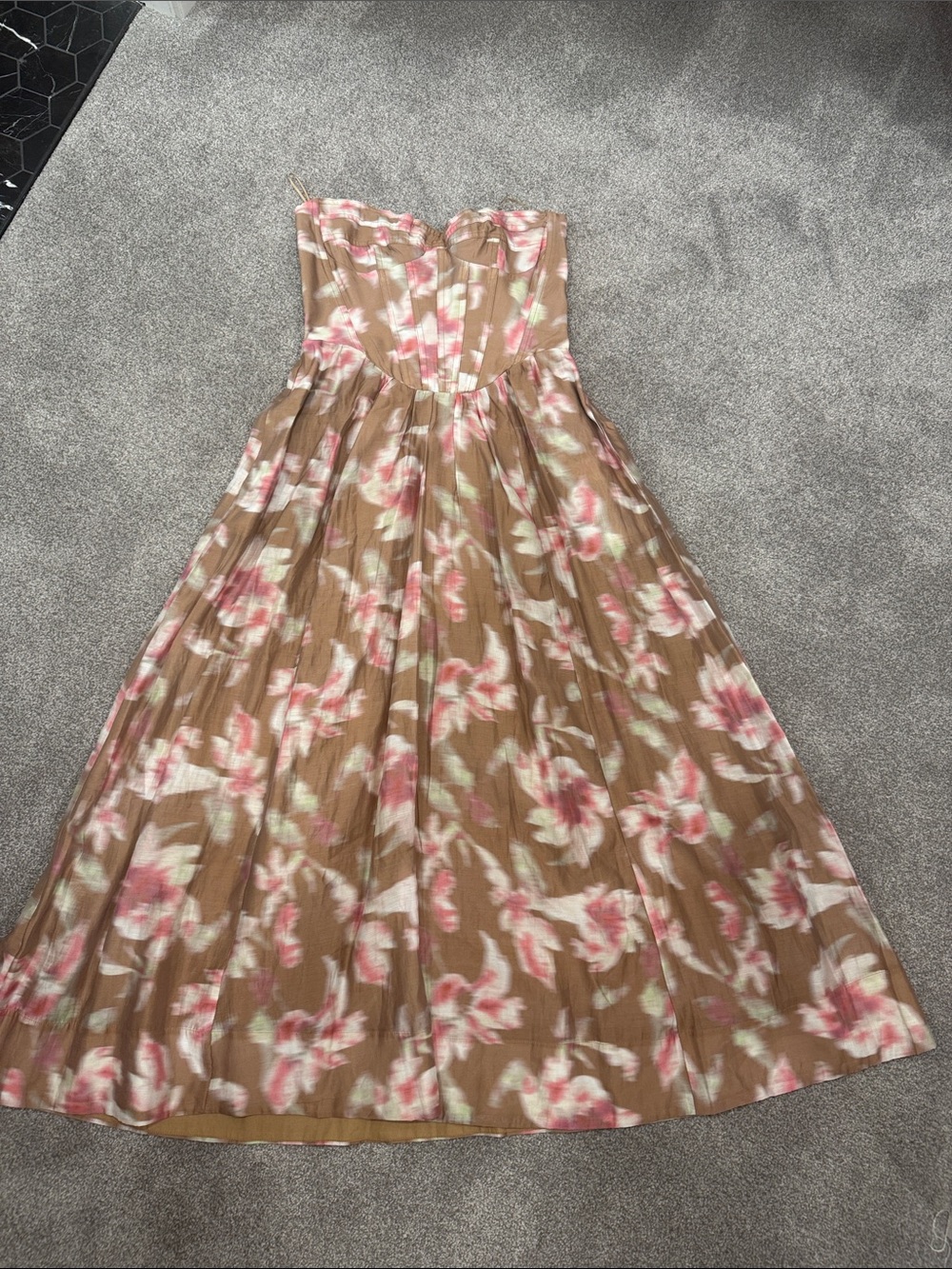 Bardot Floral Blouson Top in Camel, Pink and Cream